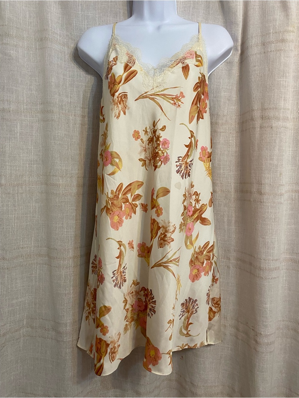 Victoria's Secret Floral Satin Slip Dress Ivory Orange Lace Trim Size Large